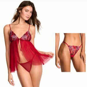 Victorias Secret Dream Angels Beautiful Bows Red Embroidery Tulle Babydoll Set L